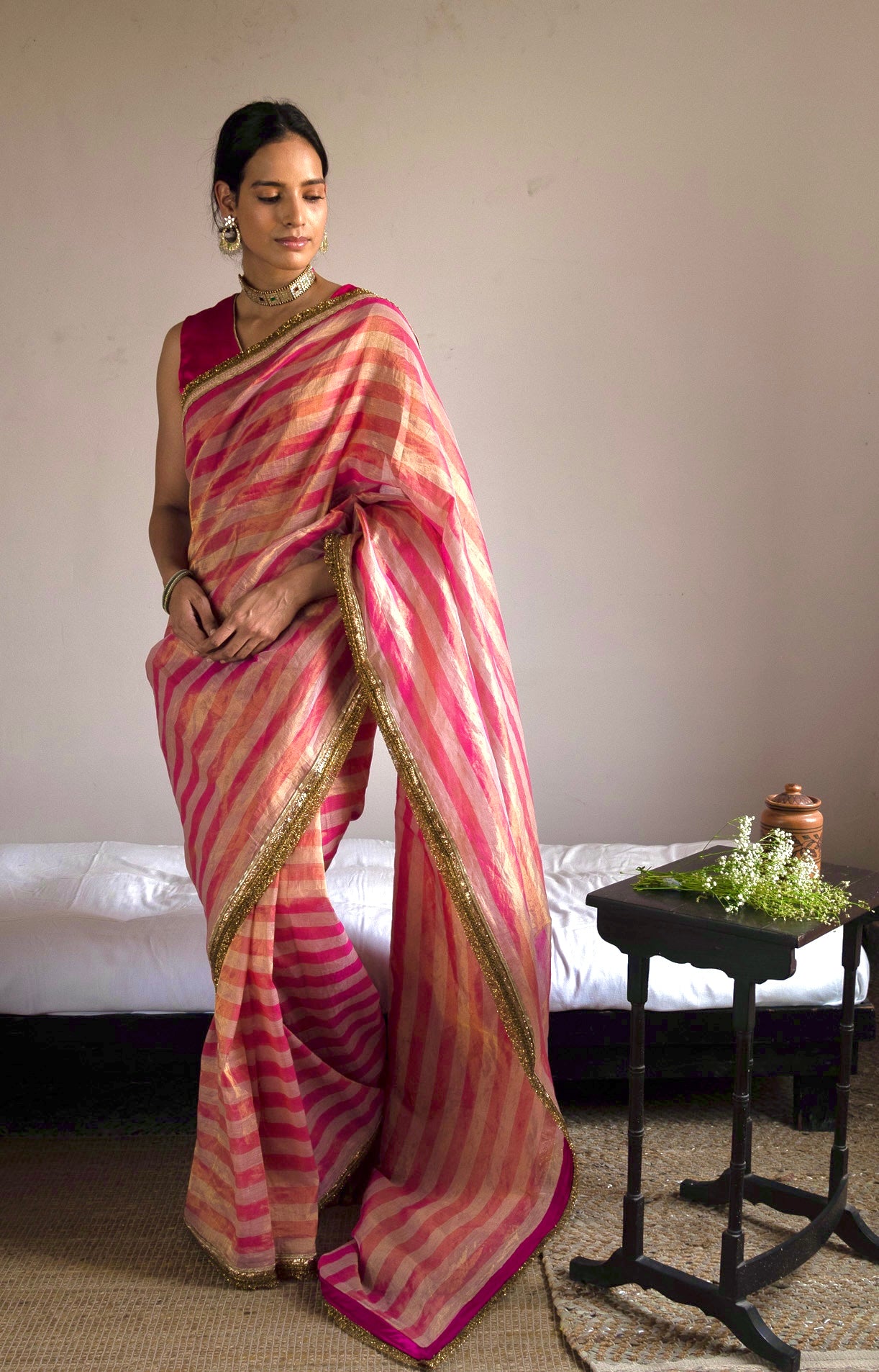 Saree in Pink/gold Handloom Tissue stripes