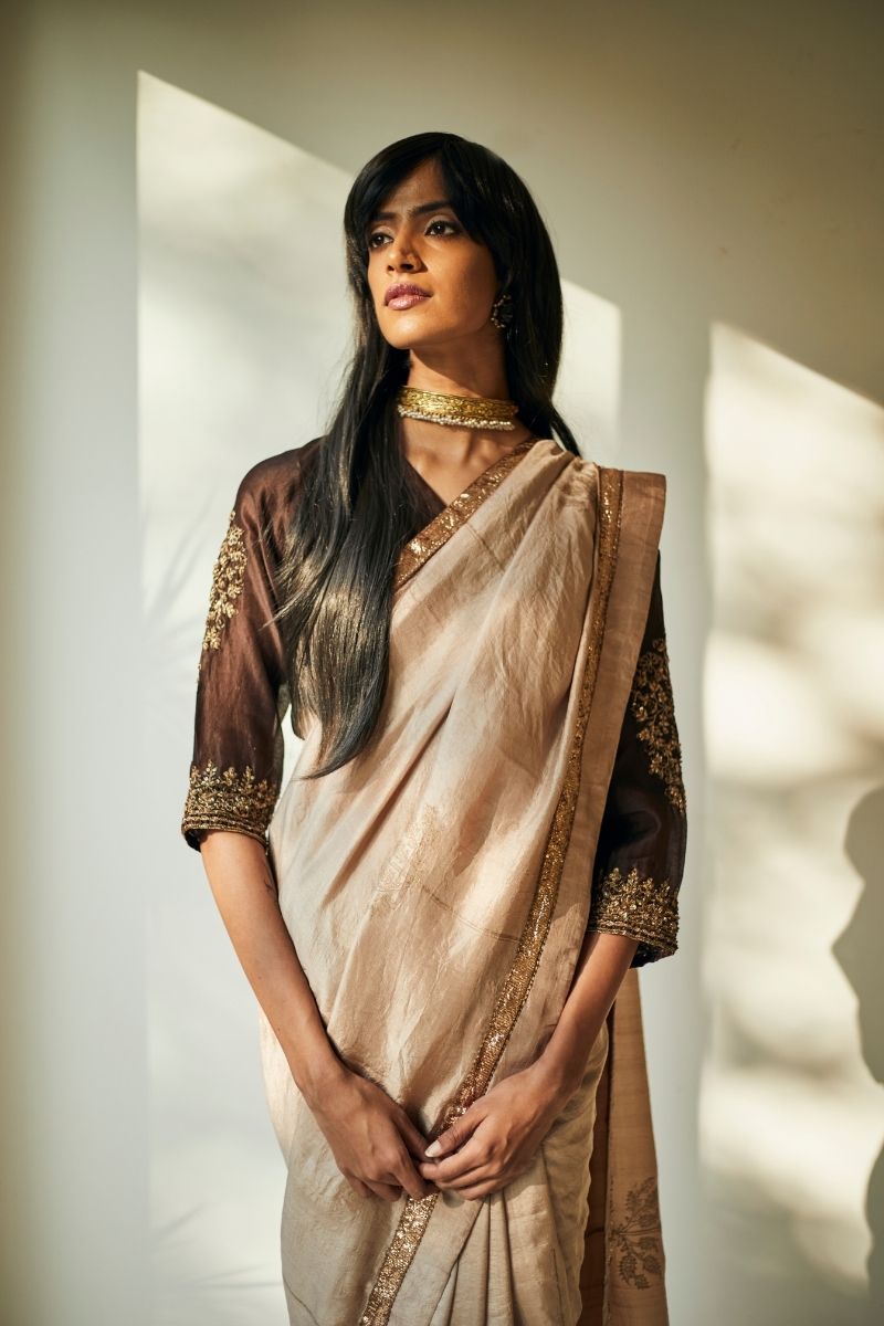 Manju Sari In Printed Warm Chai Beige Mulberry Silk