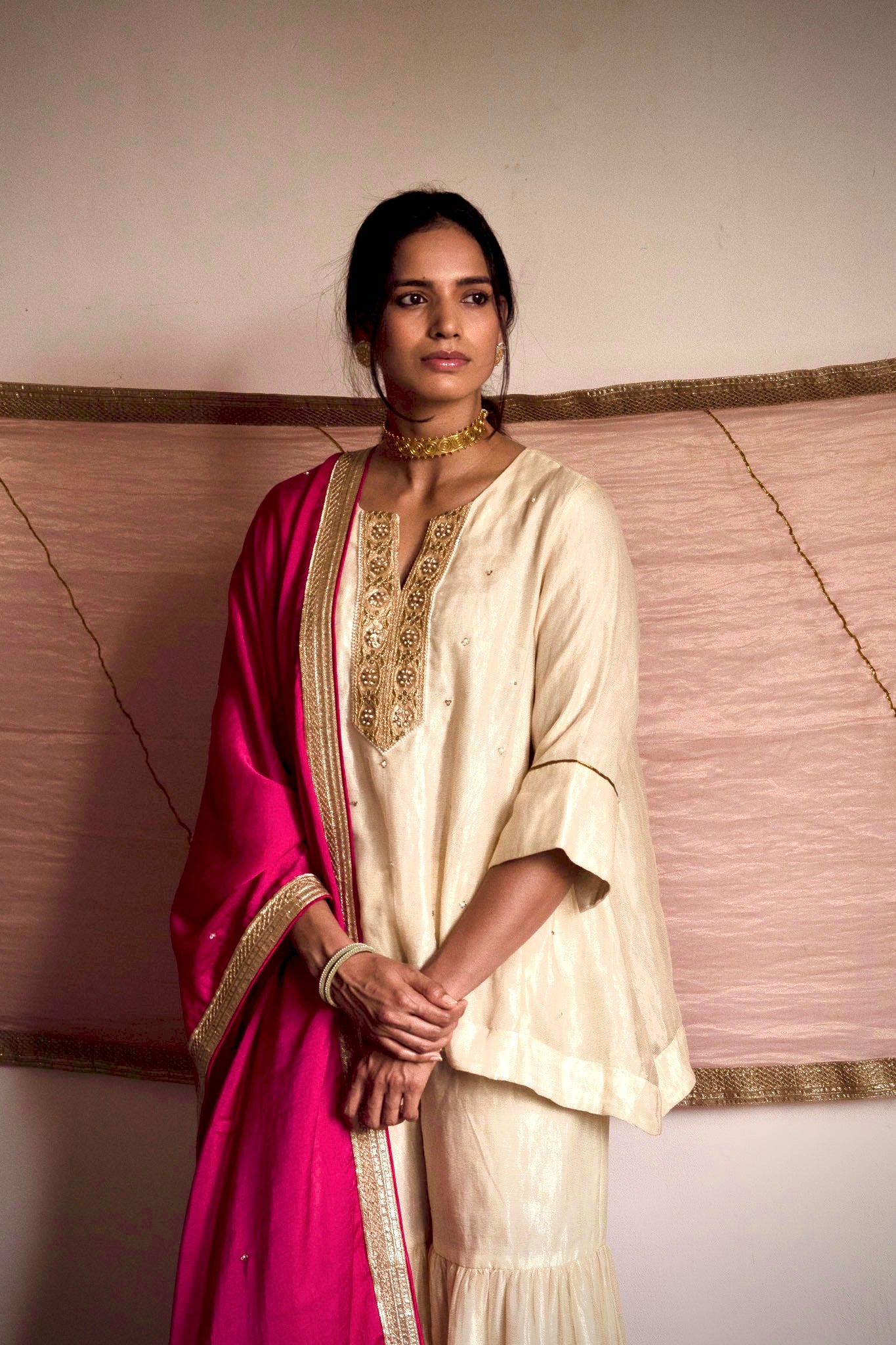 Dupatta in Hot Pink Silk Satin