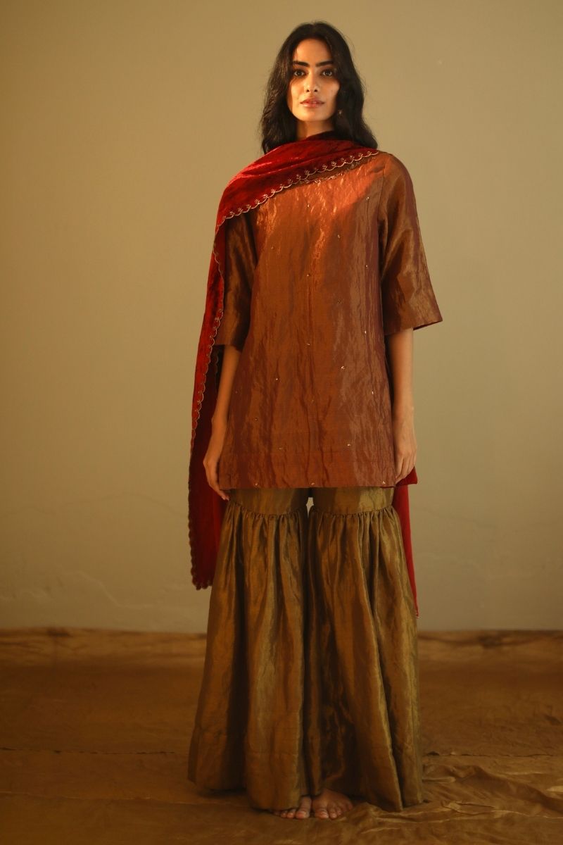 Mini Kurta In Rust Red Handloom Tissue With Sharara
