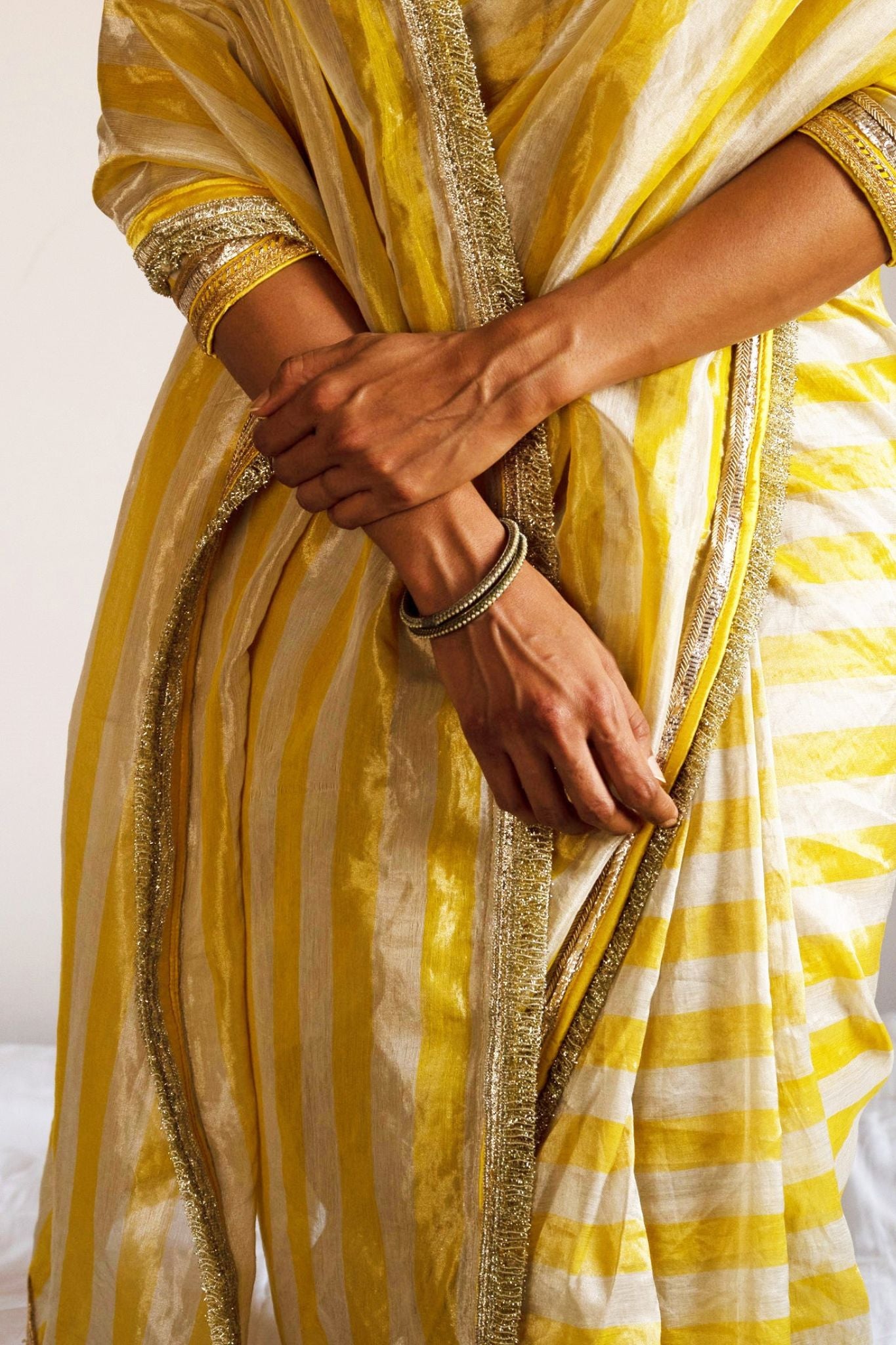 Saree in Yellow/white Handloom Tissue stripes