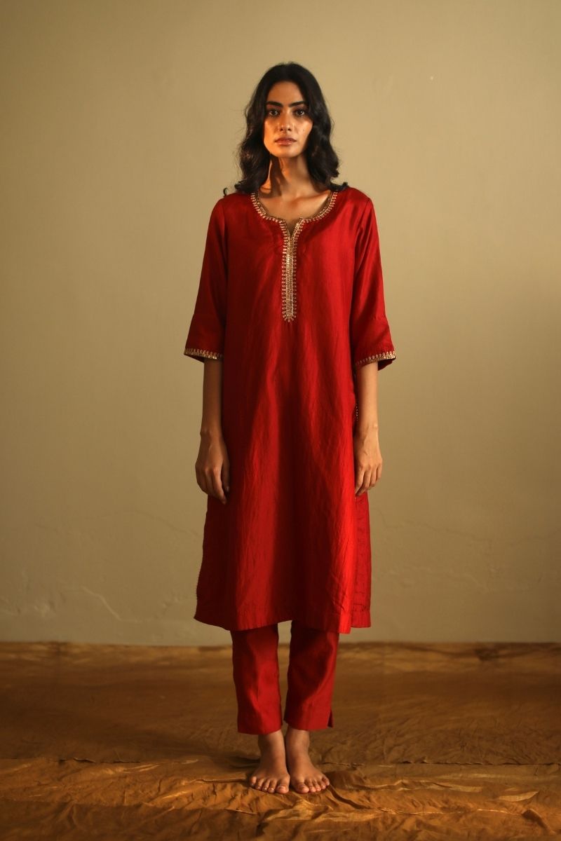 Saifi Kurta In Deep Rust Red Handloom Chanderi With Pant