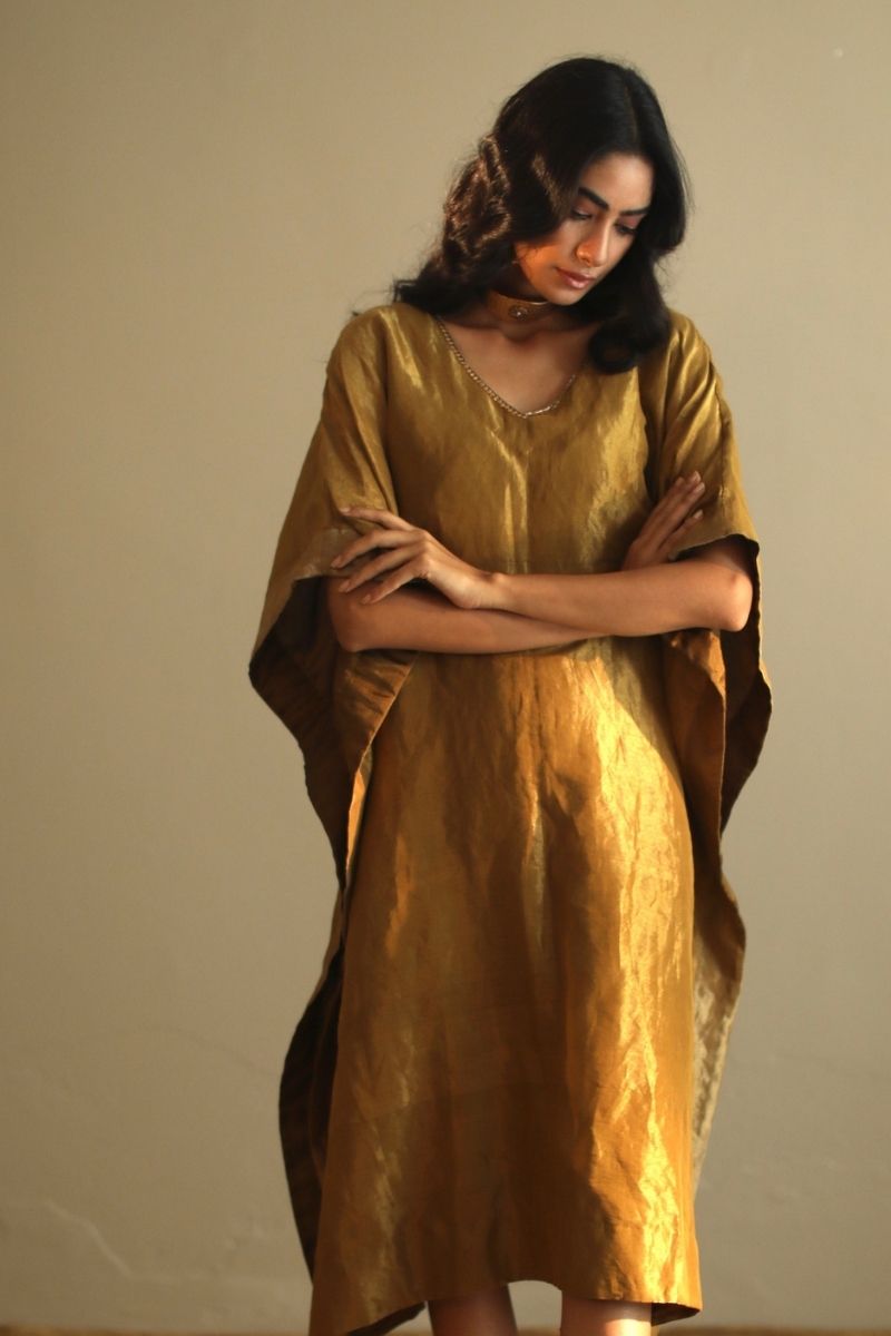 Kaftan In Antique Gold Handloom Tissue