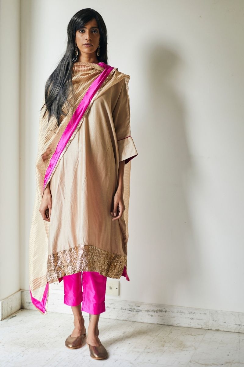 Kaftan In Warm Chai Beige Chanderi With Pants