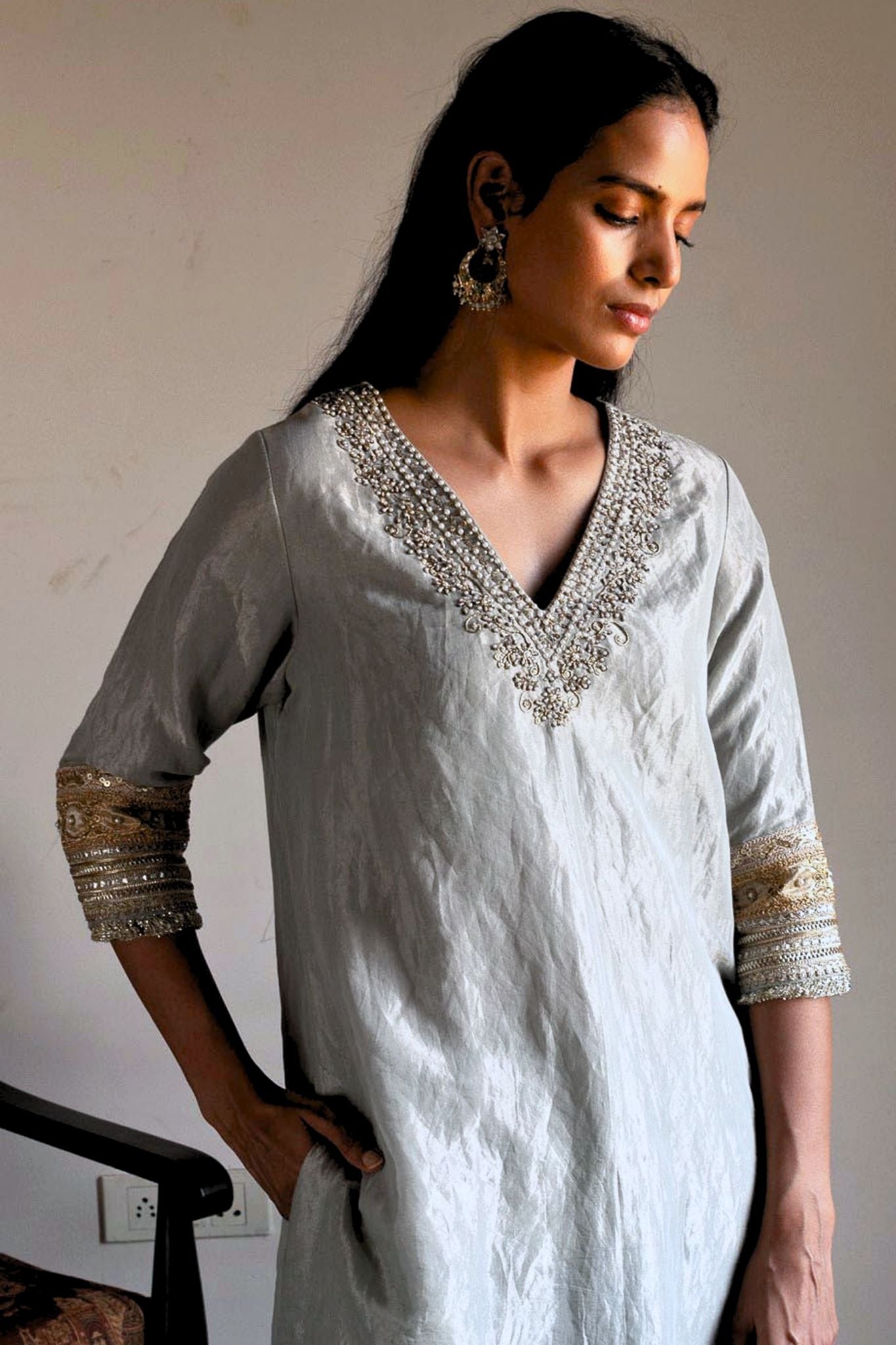 Noor kurta in Pale Blue Handloom Tissue with pants