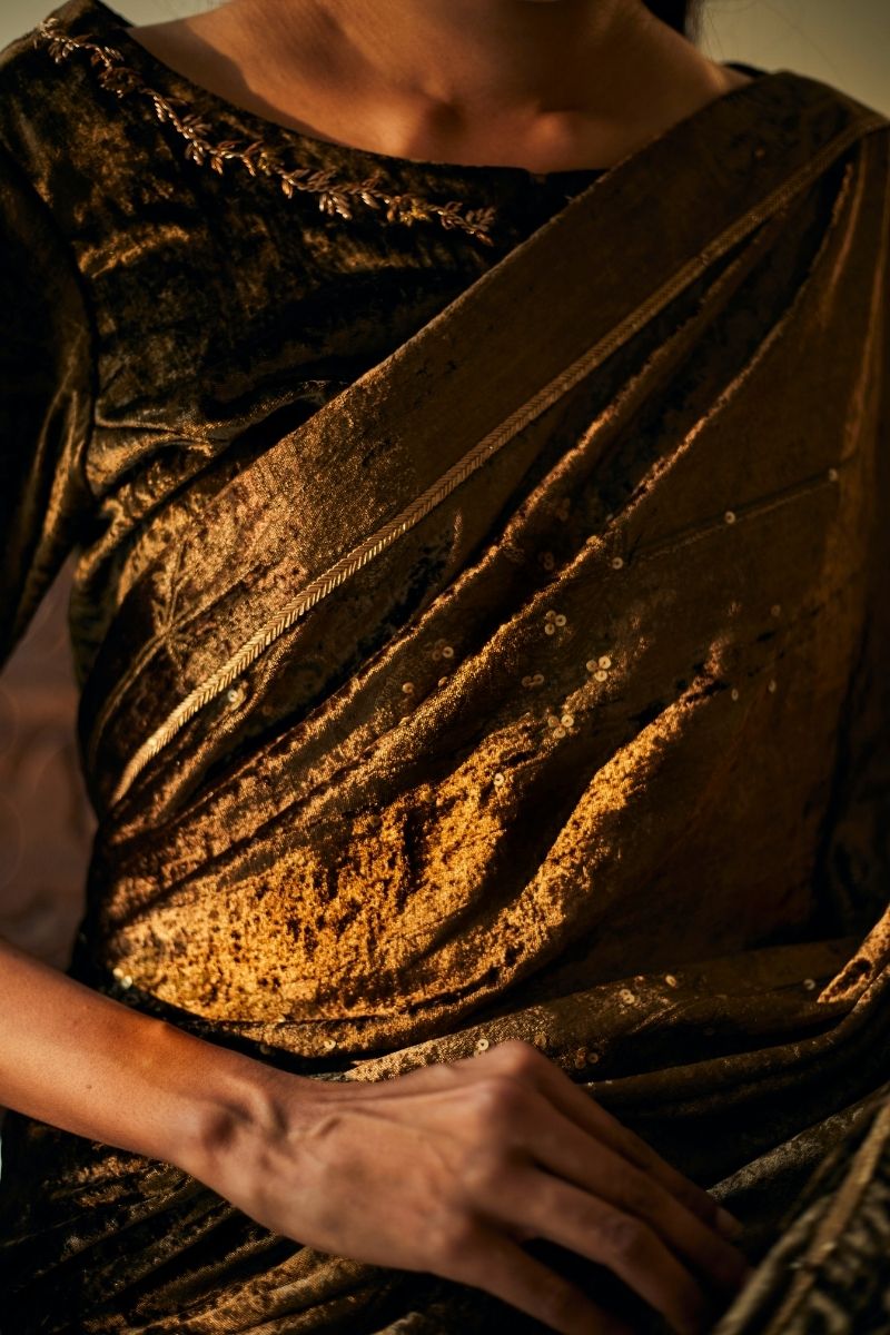Gayatri Sari In Half Moss Velvet And Half Antique Gold Handloom Tissue