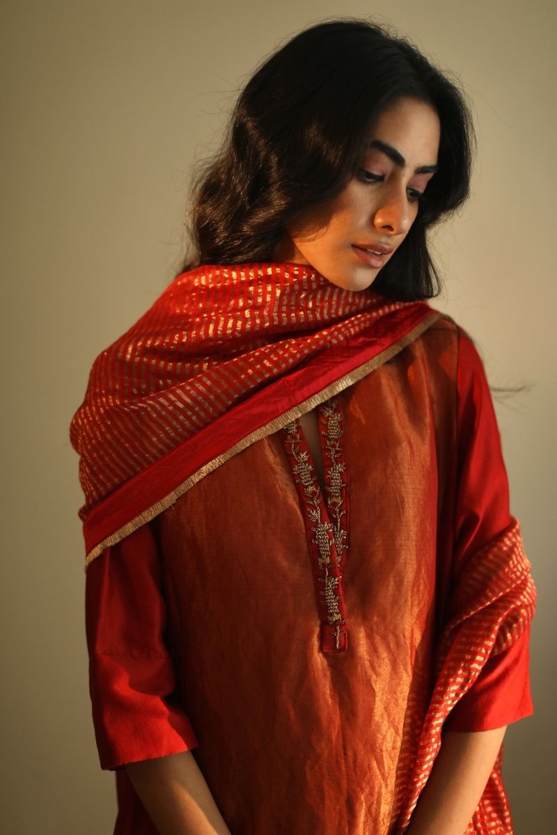 Maxi Kurta In Deep Rust Red Handloom Tissue With Pant