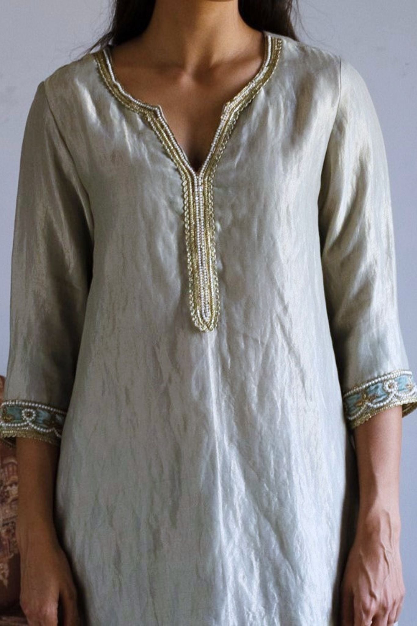 Saifi kurta in Pale Blue Handwoven Chanderi Silk & Tissue stripes with salwar
