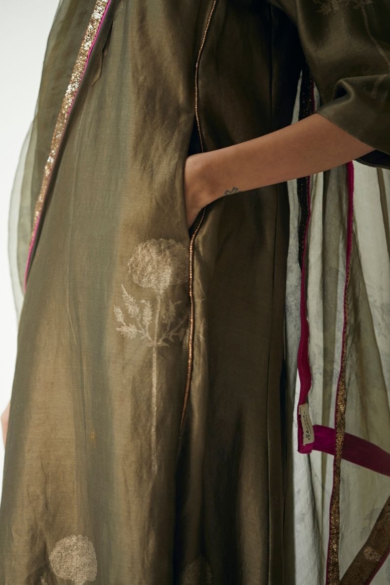 Maxi Kurta In Moss Printed Chanderi With Pants