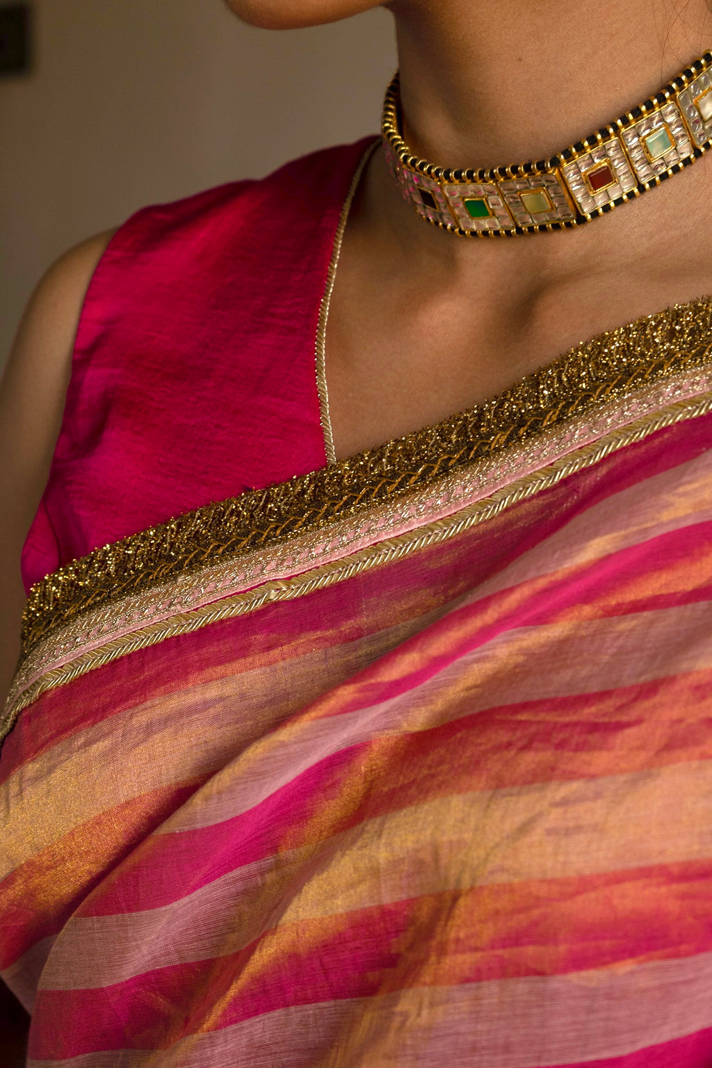 Saree in Pink/gold Handloom Tissue stripes