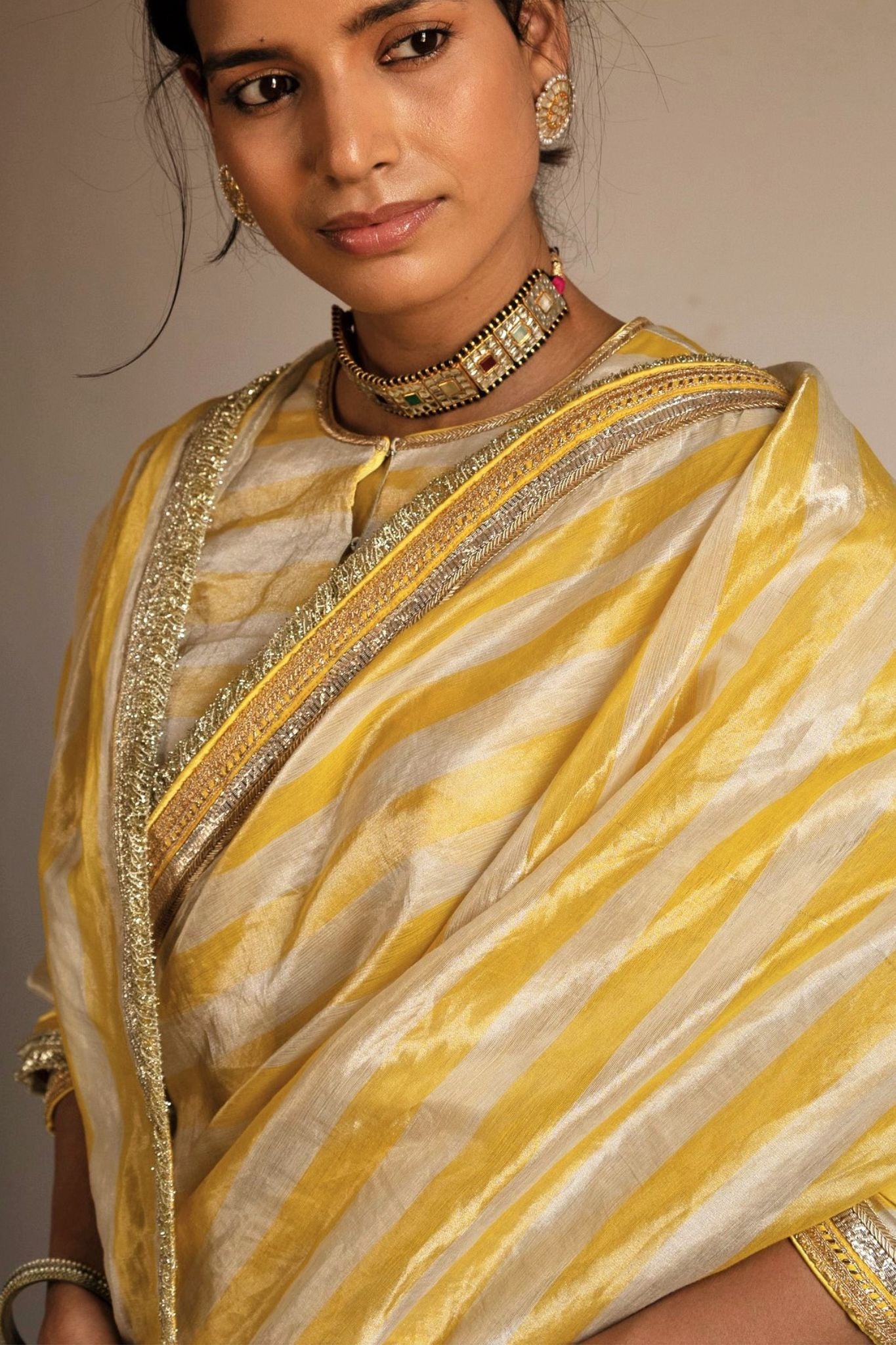 Saree in Yellow/white Handloom Tissue stripes