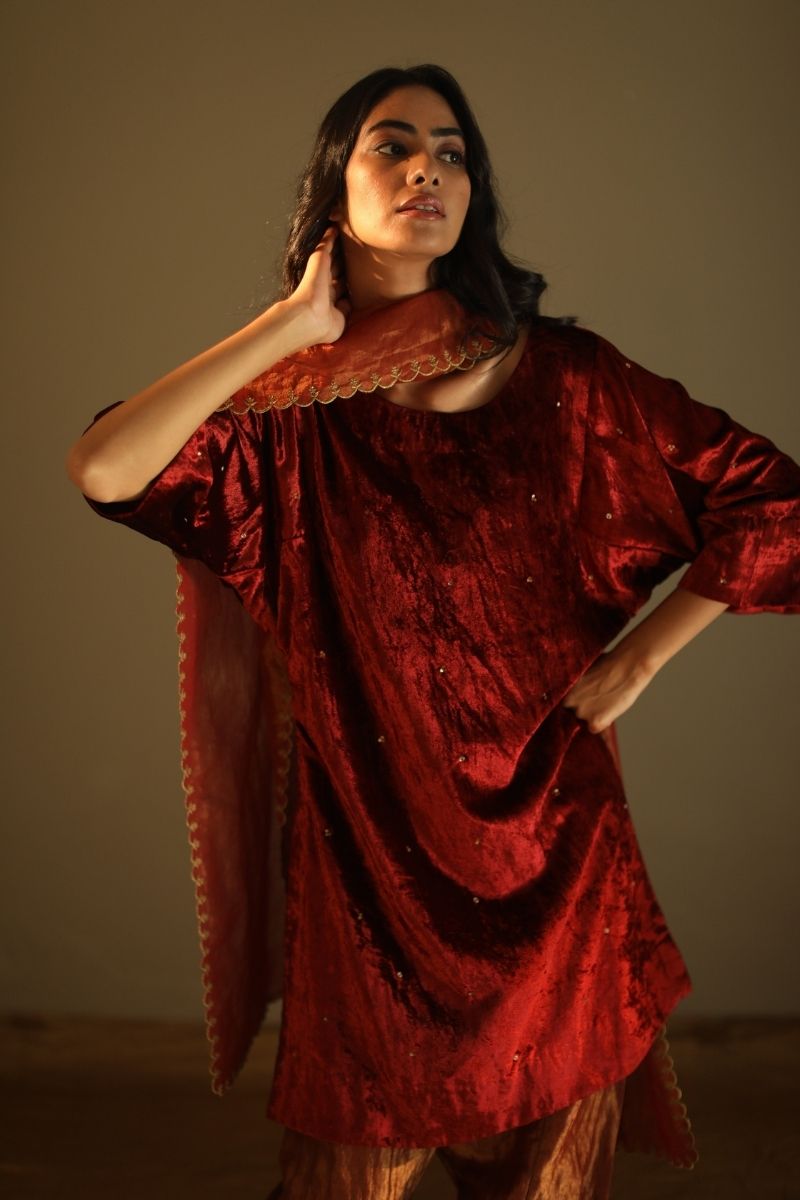 Kimono Sleeves Kurta In Rust Red Velvet With Salwar