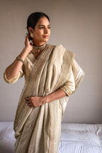 Saree hand embroidered in Ivory Handloom tissue