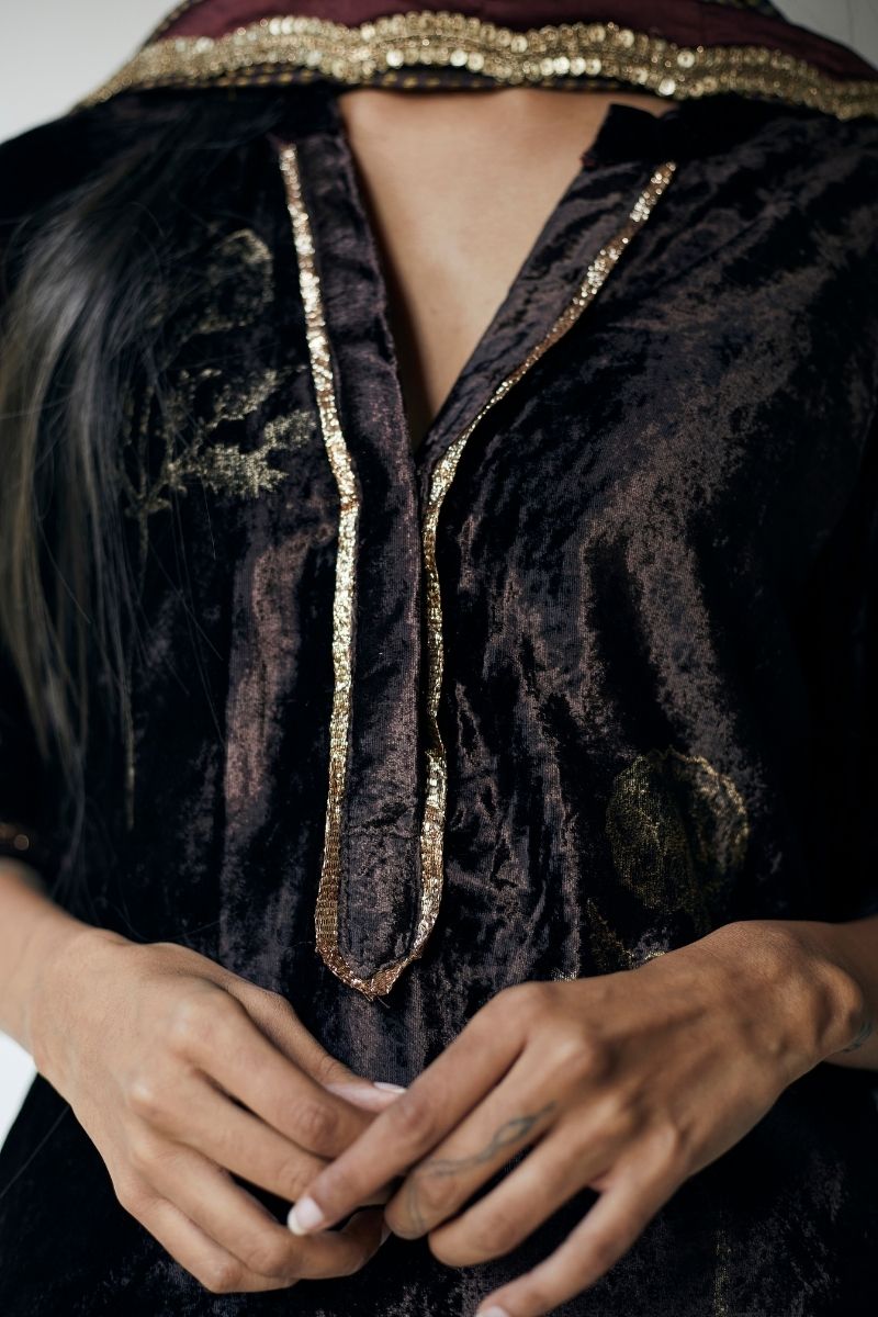 Paras Kurta In Printed Bark Brown Velvet With Shalwar