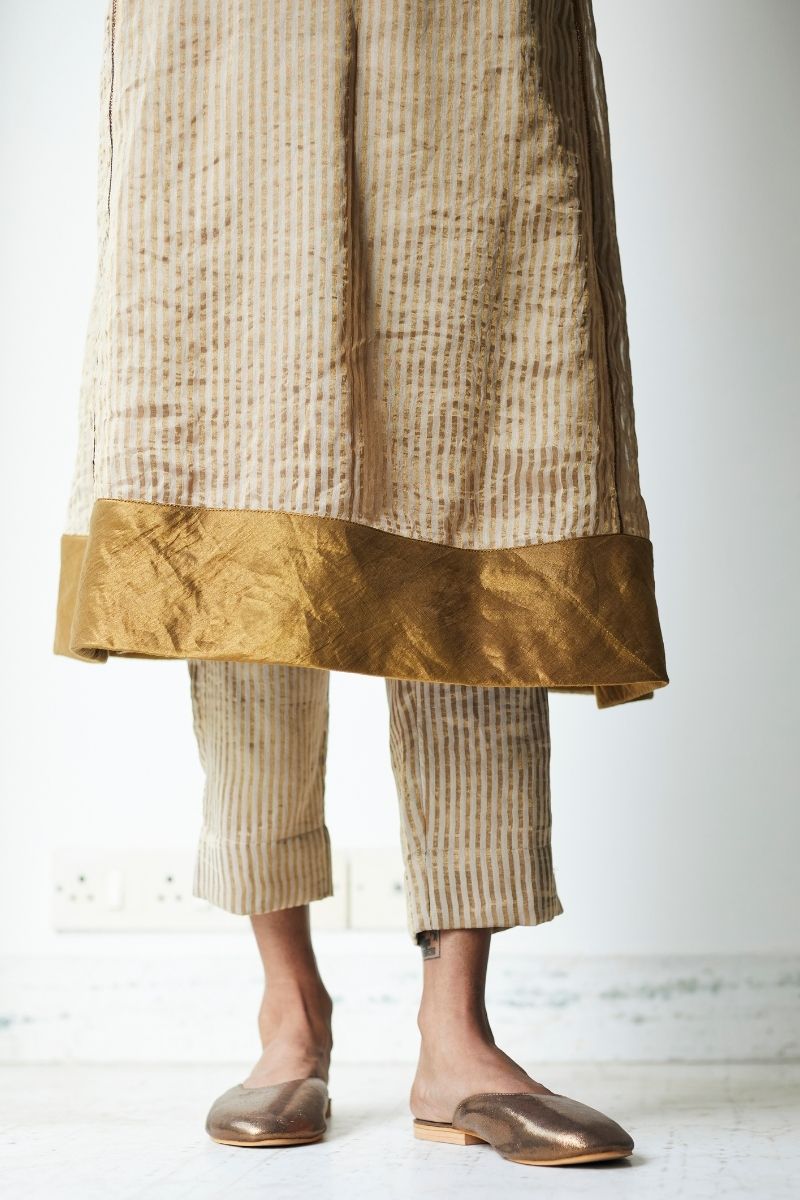 Anu Kurta In Warm Chai Beige Stripe Handloom Tissue With Pants