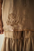 Mini Kurta In Warm Chai Beige Printed Mulberry Silk With Sharara