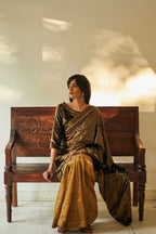 Gayatri Sari In Half Moss Velvet And Half Antique Gold Handloom Tissue