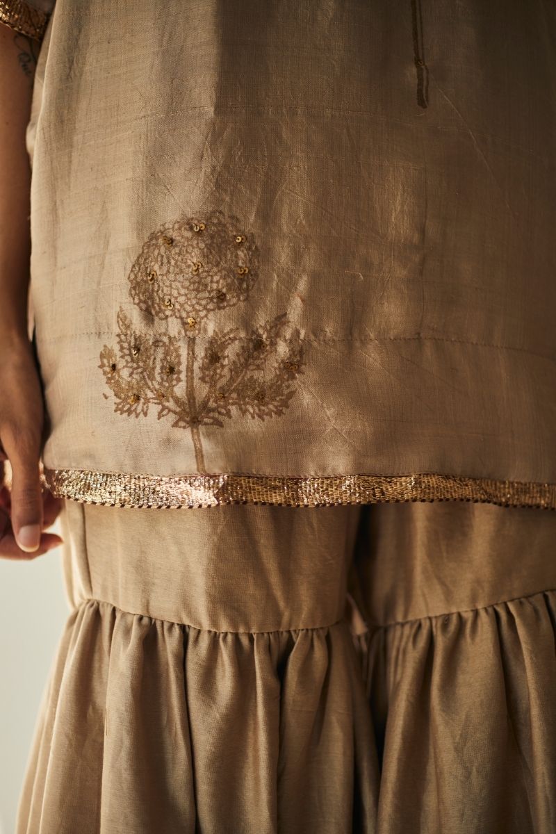 Mini Kurta Warm Chai Beige block Printed Mulberry Silk w Sharara: 1 left!