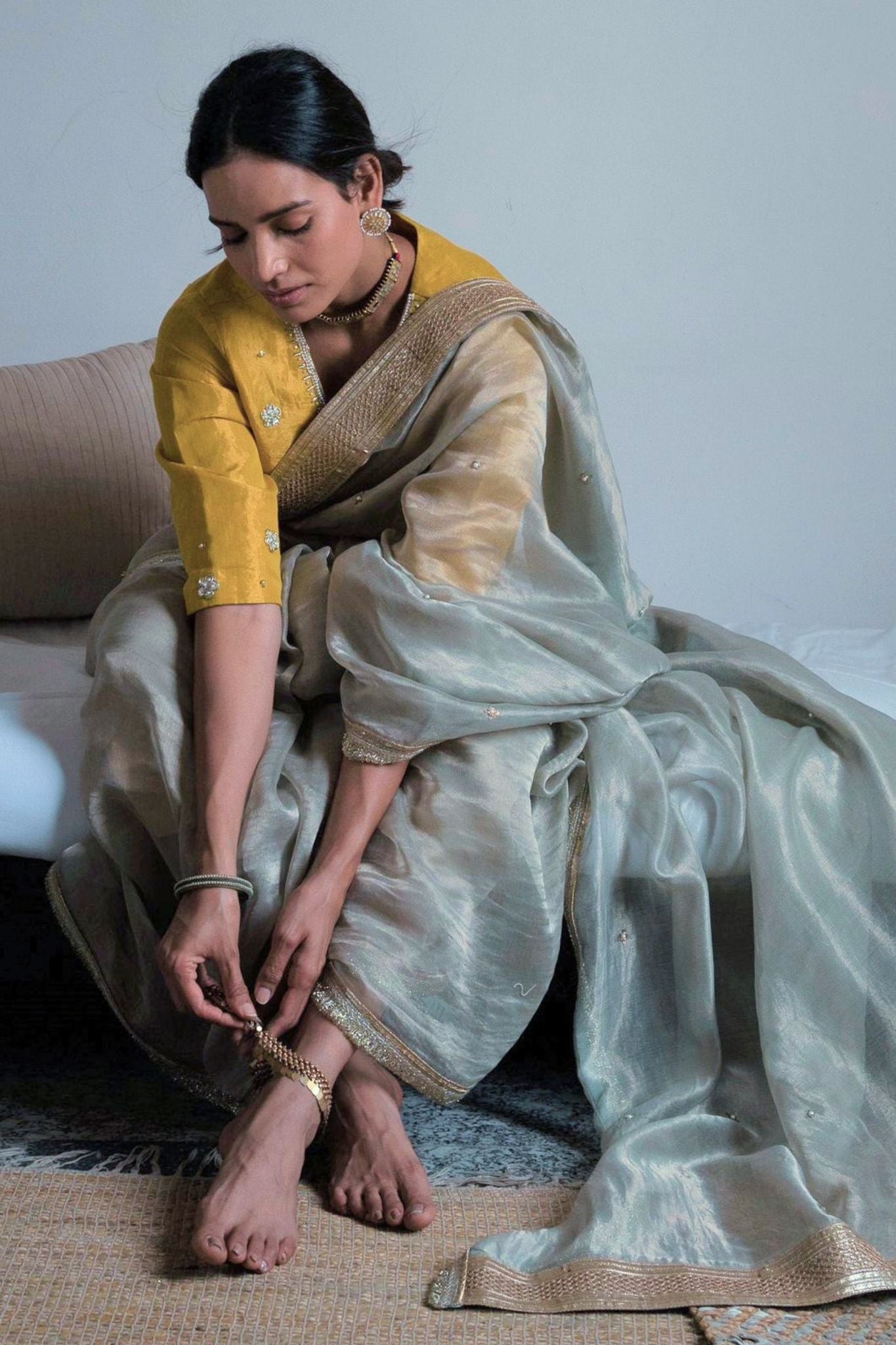 Saree hand embroidered in Pale Blue Handwoven Chanderi silk &  Tissue pin stripes