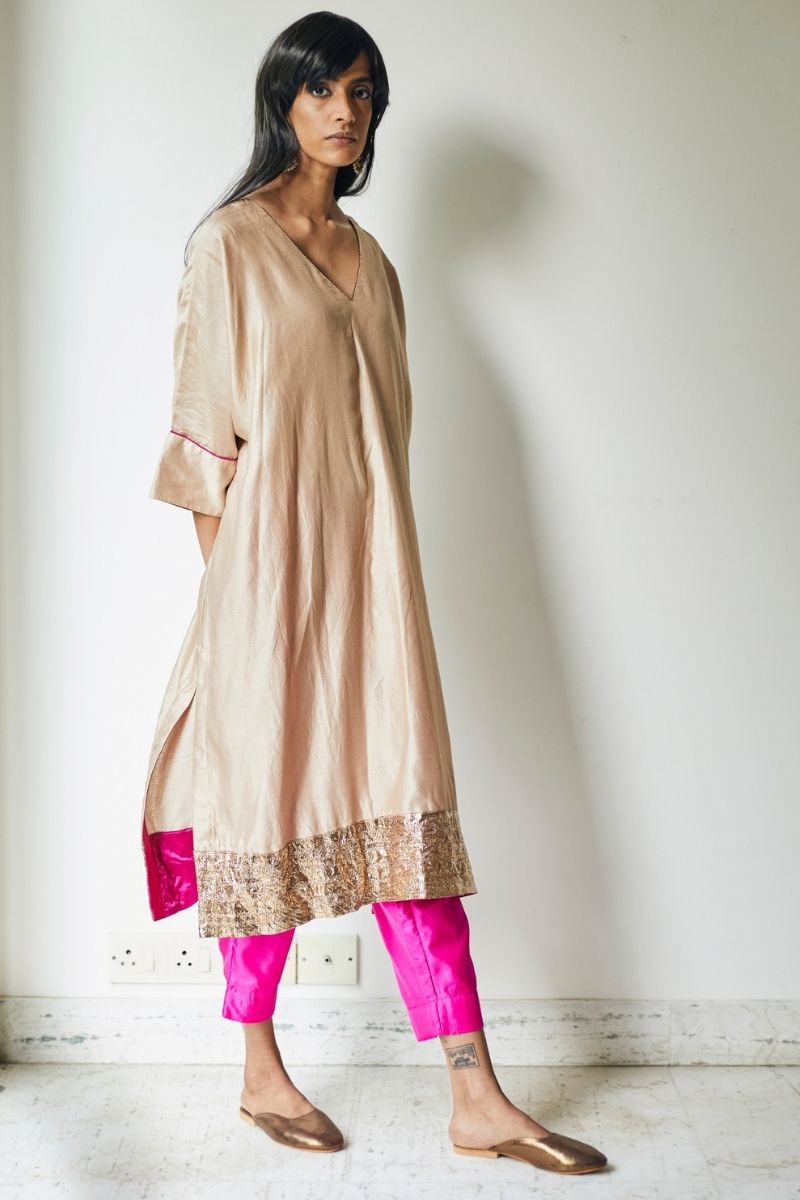 Kaftan In Warm Chai Beige Chanderi With Pants