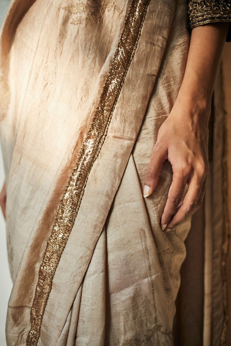 Manju Sari In Printed Warm Chai Beige Mulberry Silk