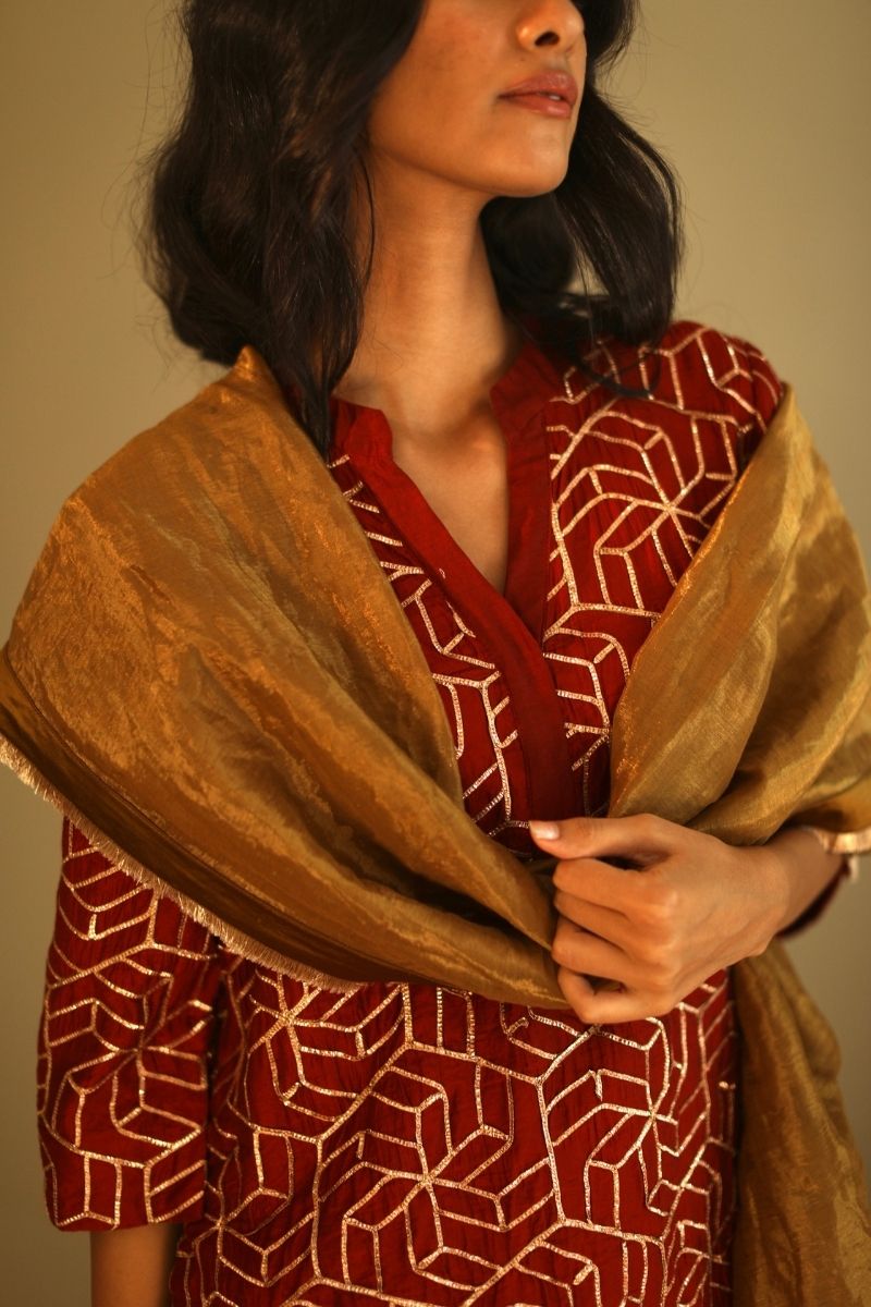 Mini Kurta In Red Gota Chanderi With Sharara