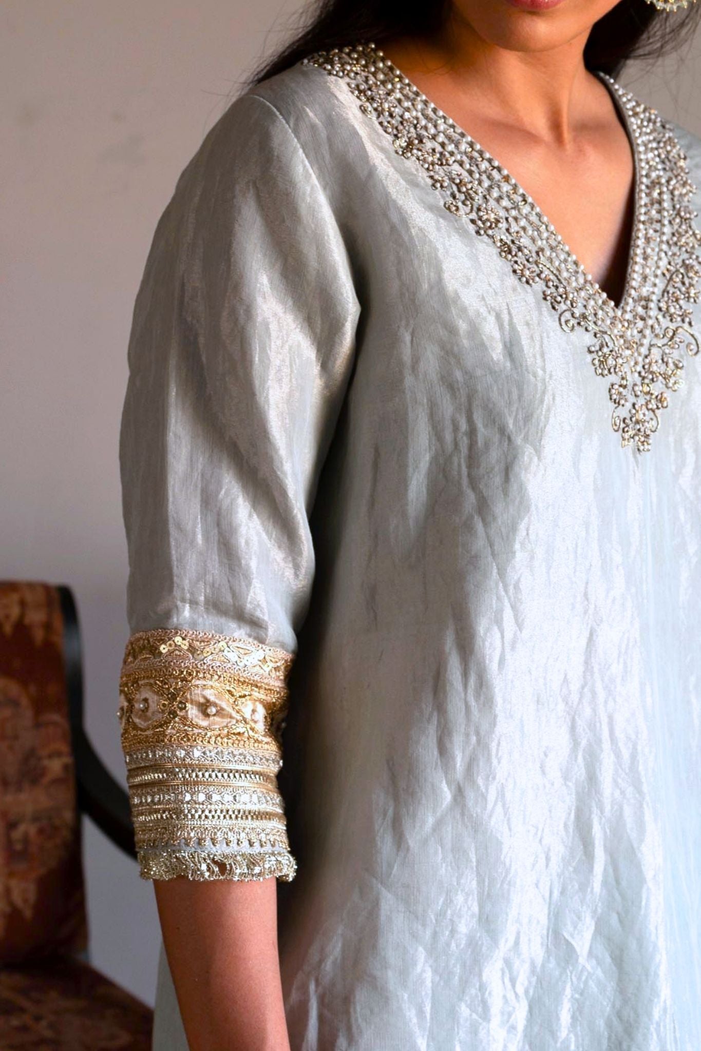 Noor kurta in Pale Blue Handloom Tissue with pants