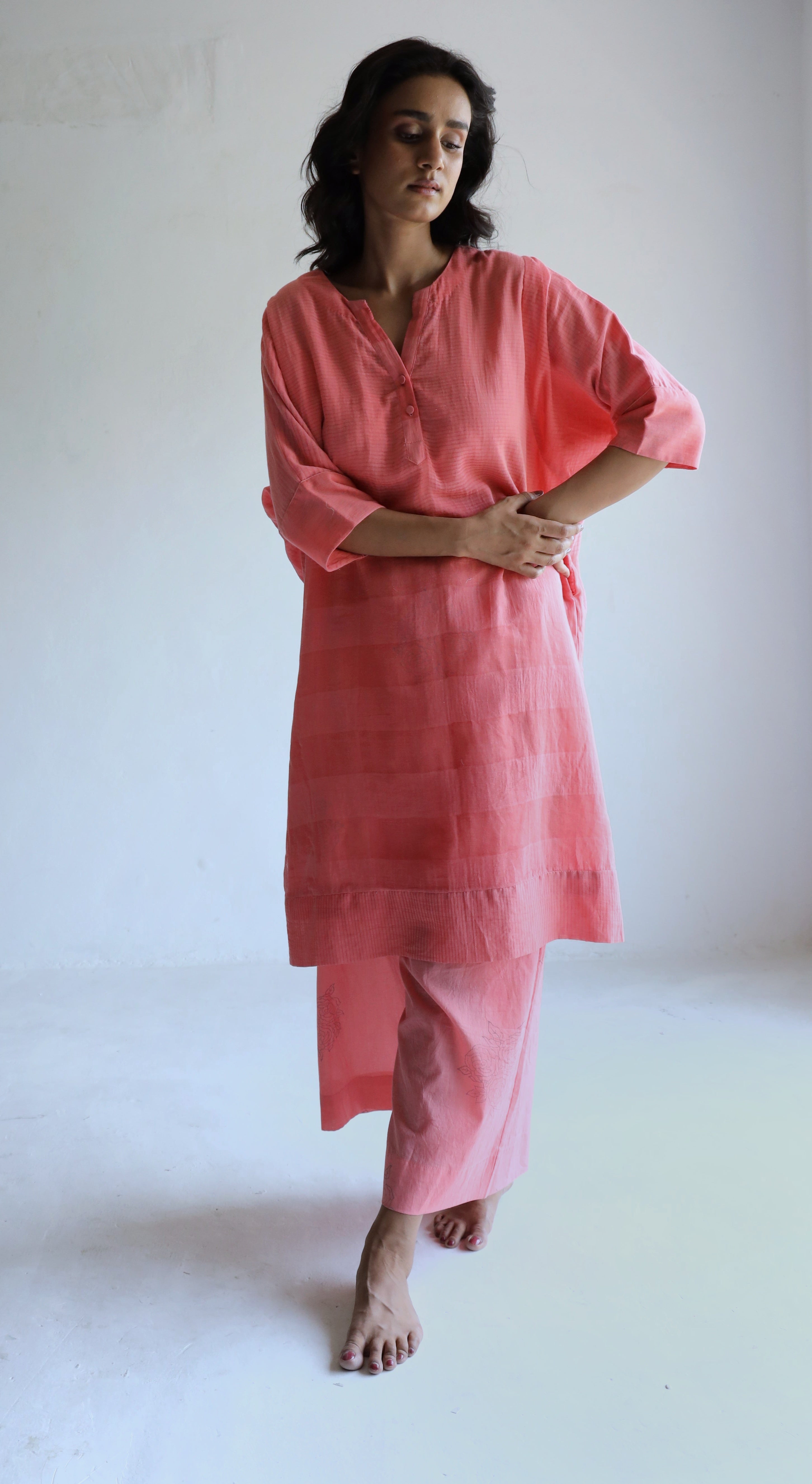 Kaftan in Watermelon Pink Silk Muslin with Palazzo