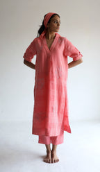 Anu Kurta Patchwork in Watermelon Pink Silk Muslin with Pants