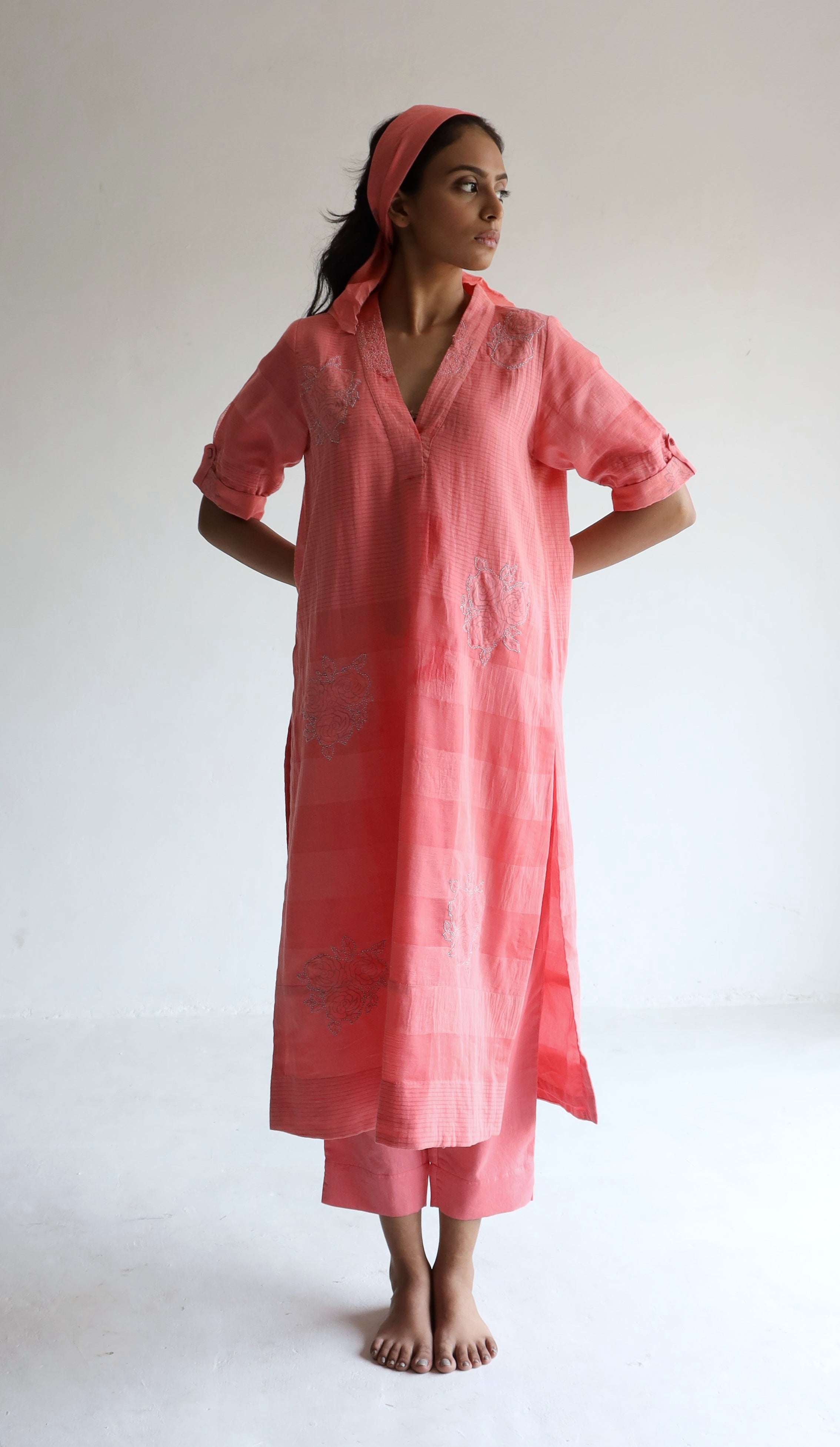 Anu Kurta Patchwork in Watermelon Pink Silk Muslin with Pants