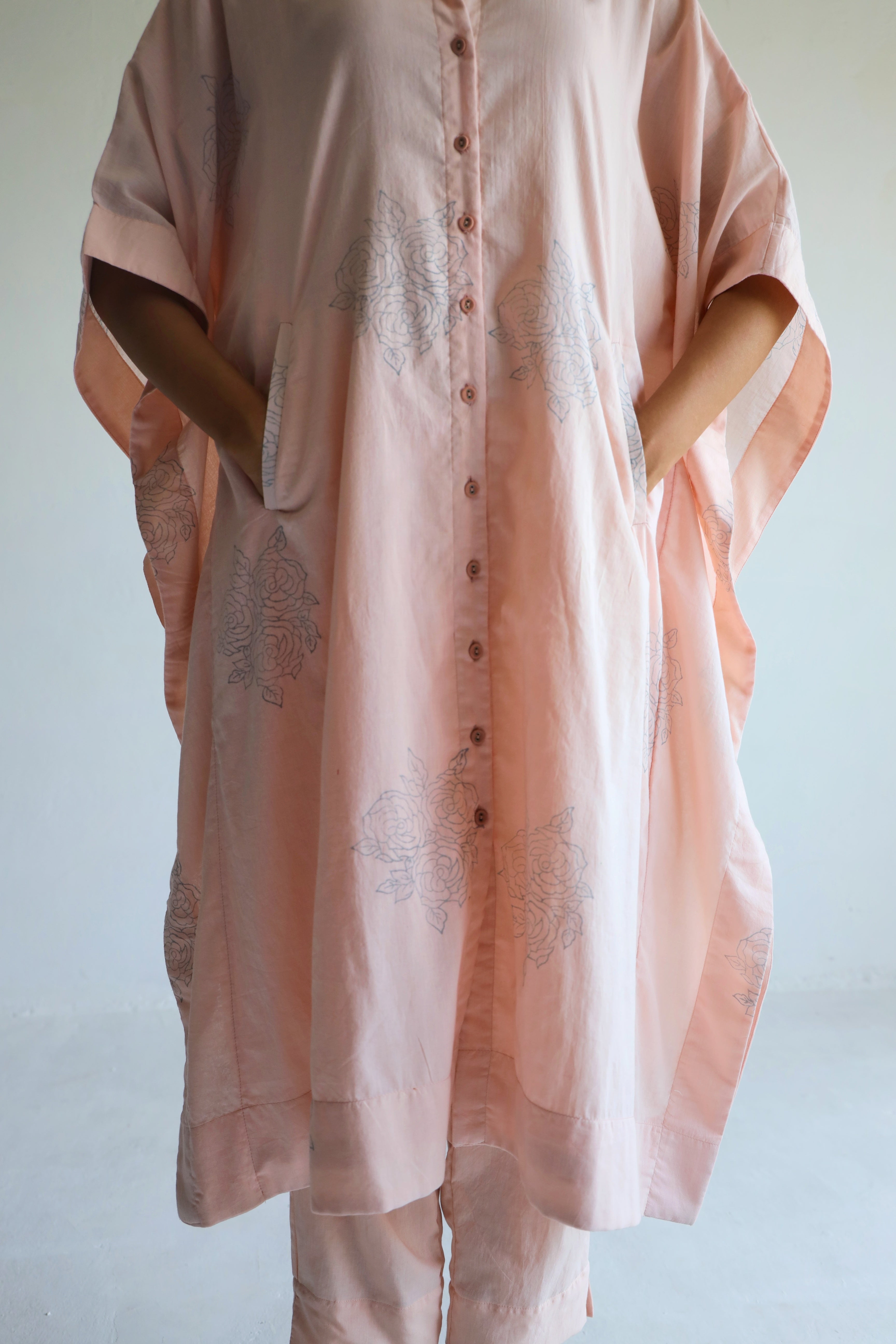 Kaftan Shirt in Gulab Pink Block Print Muslin