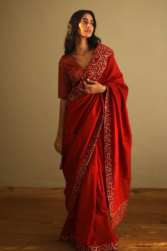 Sari In Red Gota Chanderi