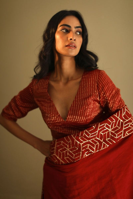 Semi Stitched Nina Blouse In Zari Striped Red Handloom Chanderi