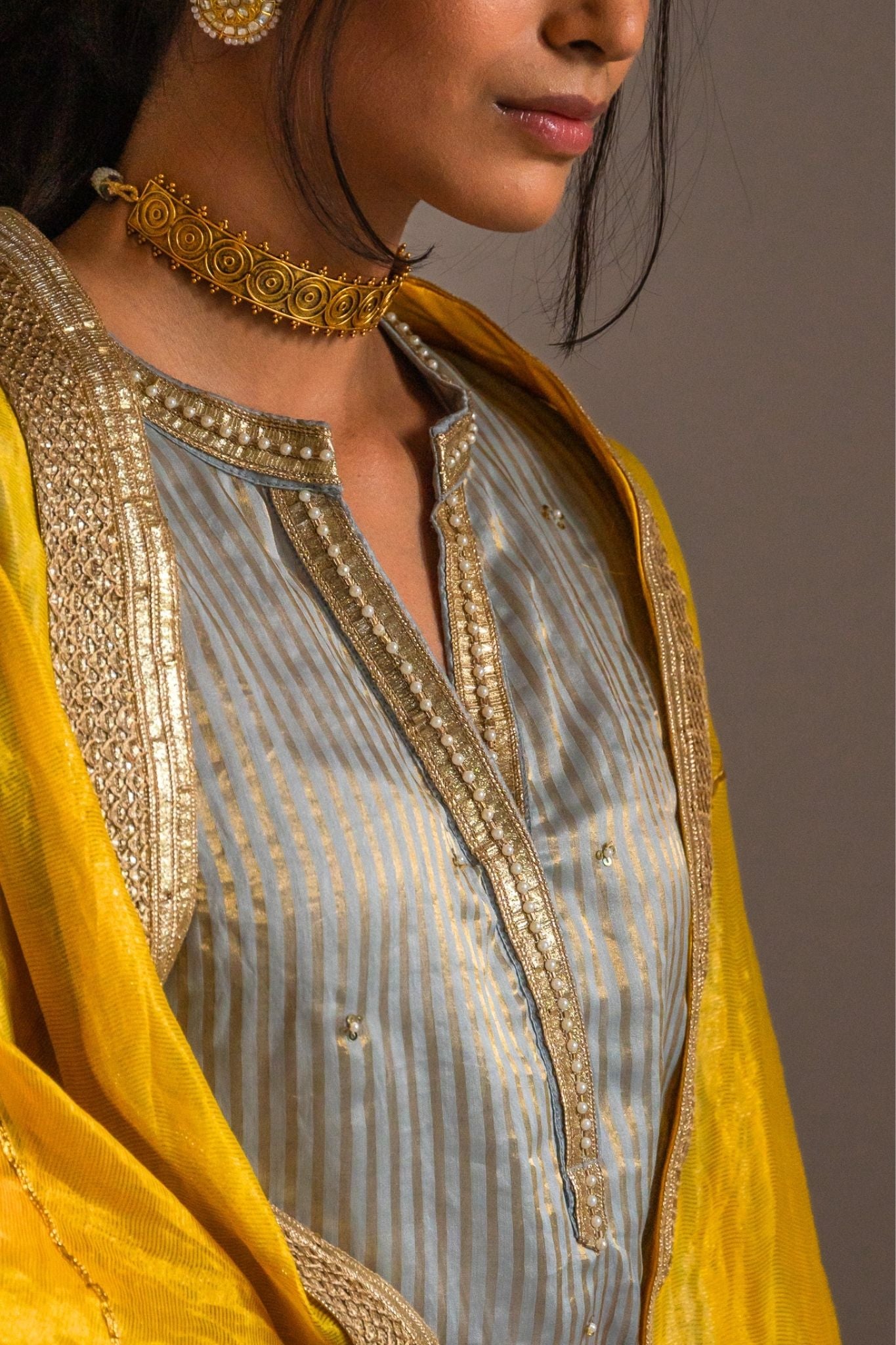 Mini kurta in Pale Blue Handwoven Chanderi Silk Tissue stripes with  sharara