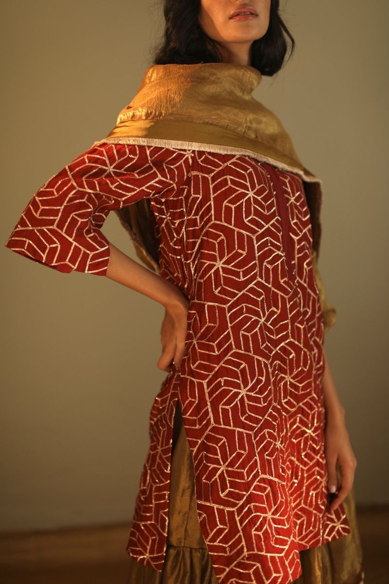 Mini Kurta In Red Gota Chanderi With Sharara