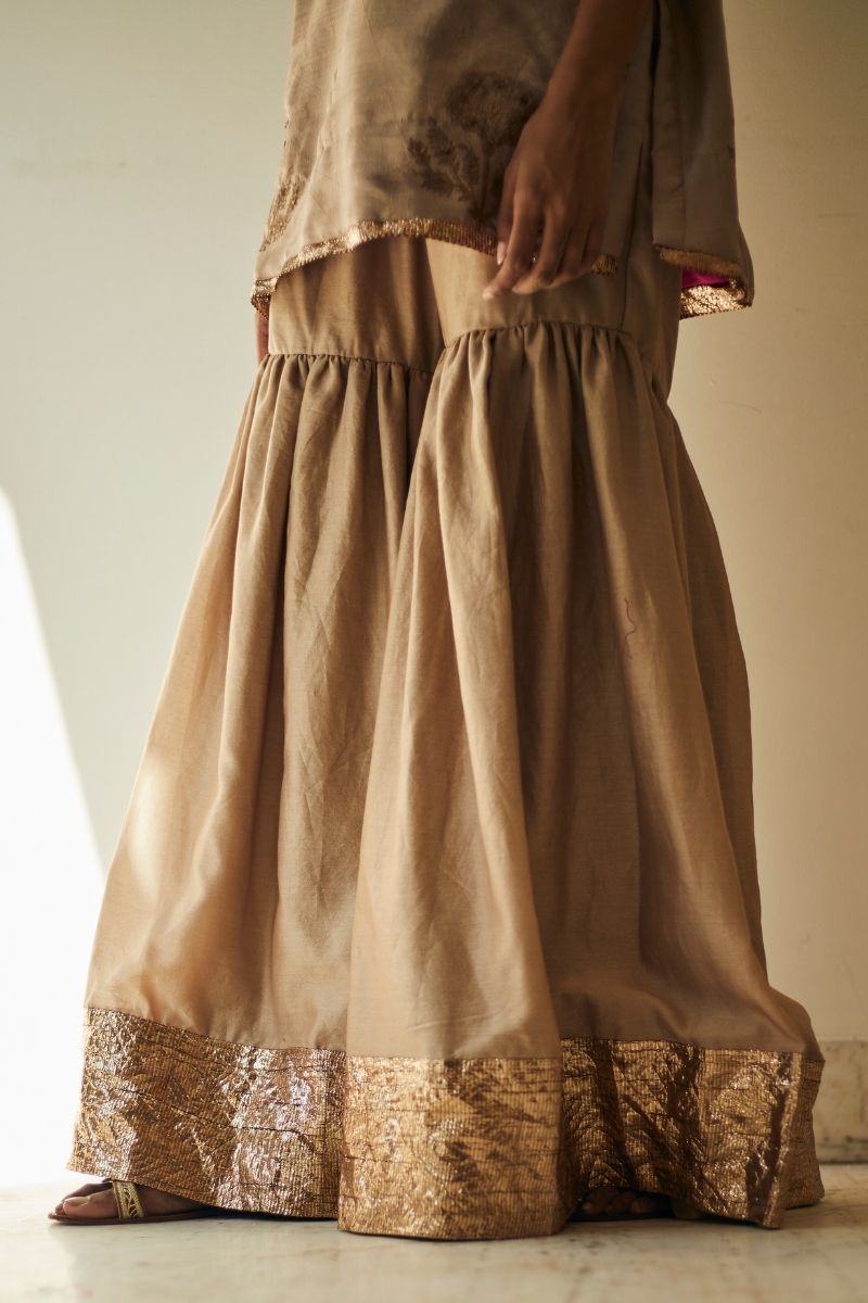 Mini Kurta Warm Chai Beige block Printed Mulberry Silk w Sharara: 1 left!