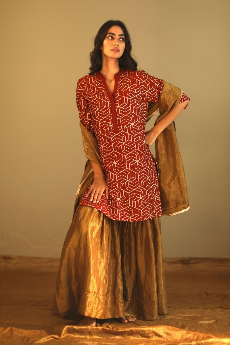 Mini Kurta In Red Gota Chanderi With Sharara