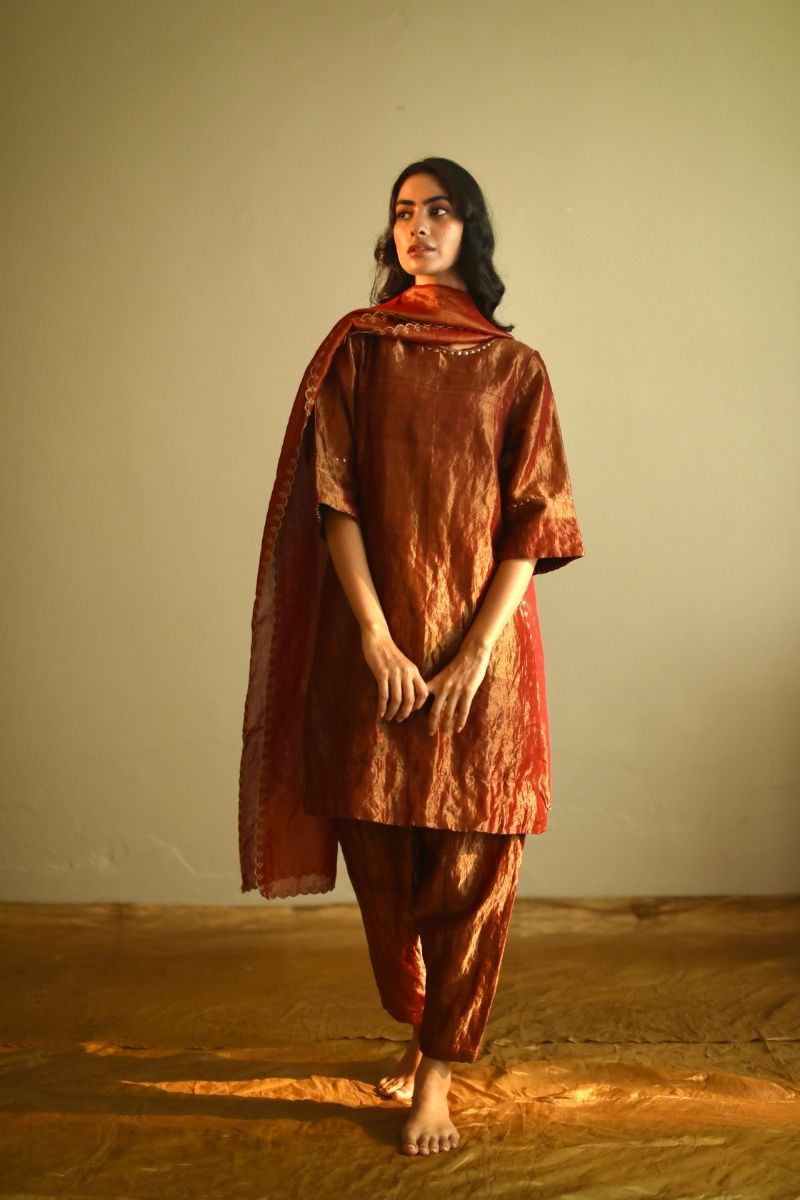 Hk Kurta In Deep Rust Red Handloom Tissue With Salwar