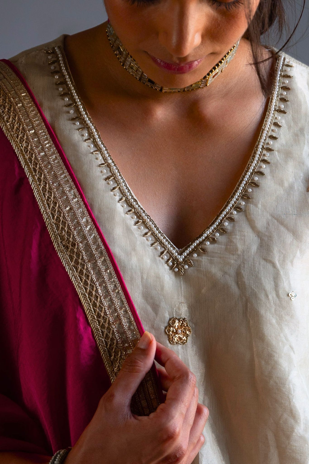 Mini V kurta in Ivory Handloom Tissue with garara