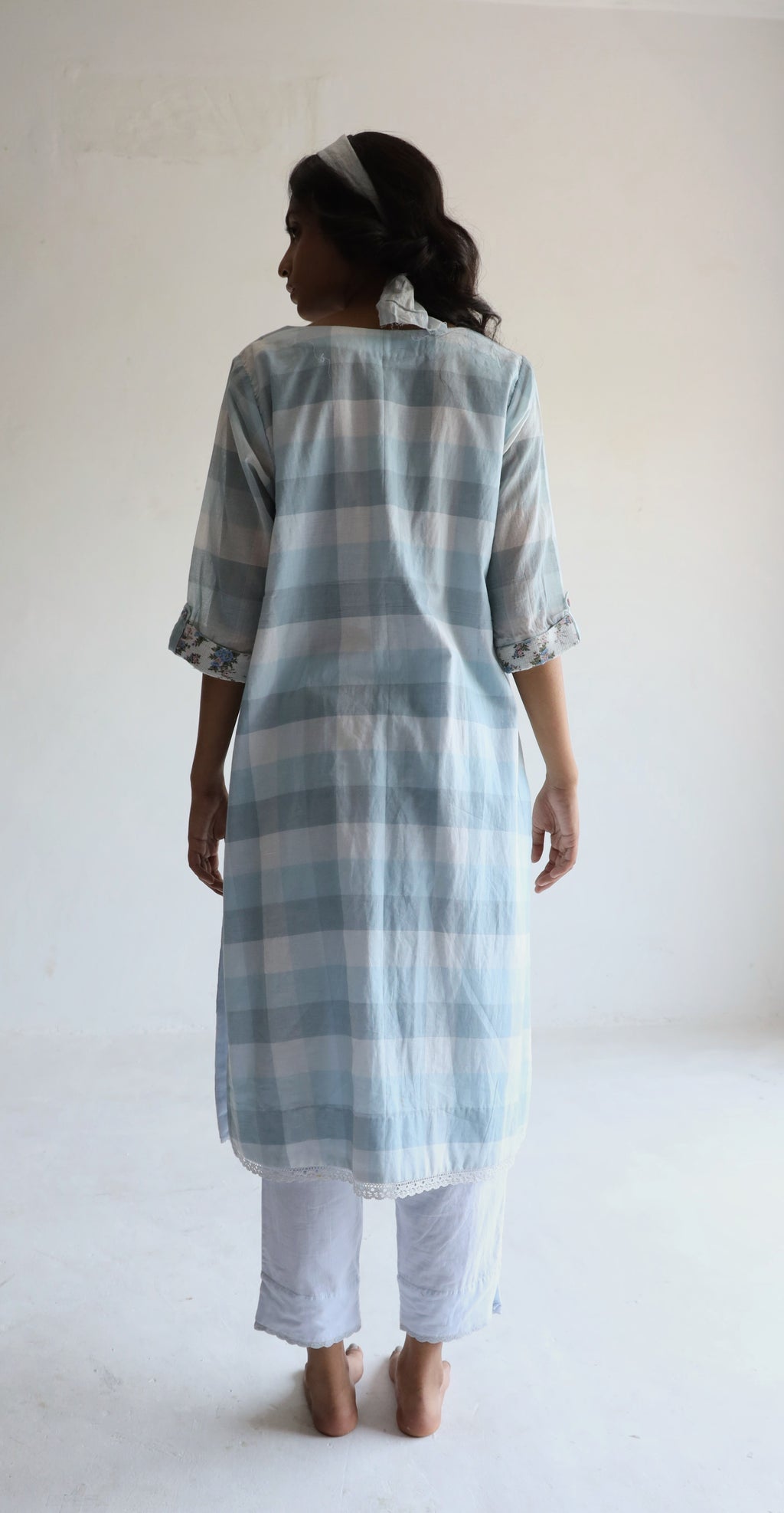 HK Kurta in Blue Jamdani Lungi Checks with Pants