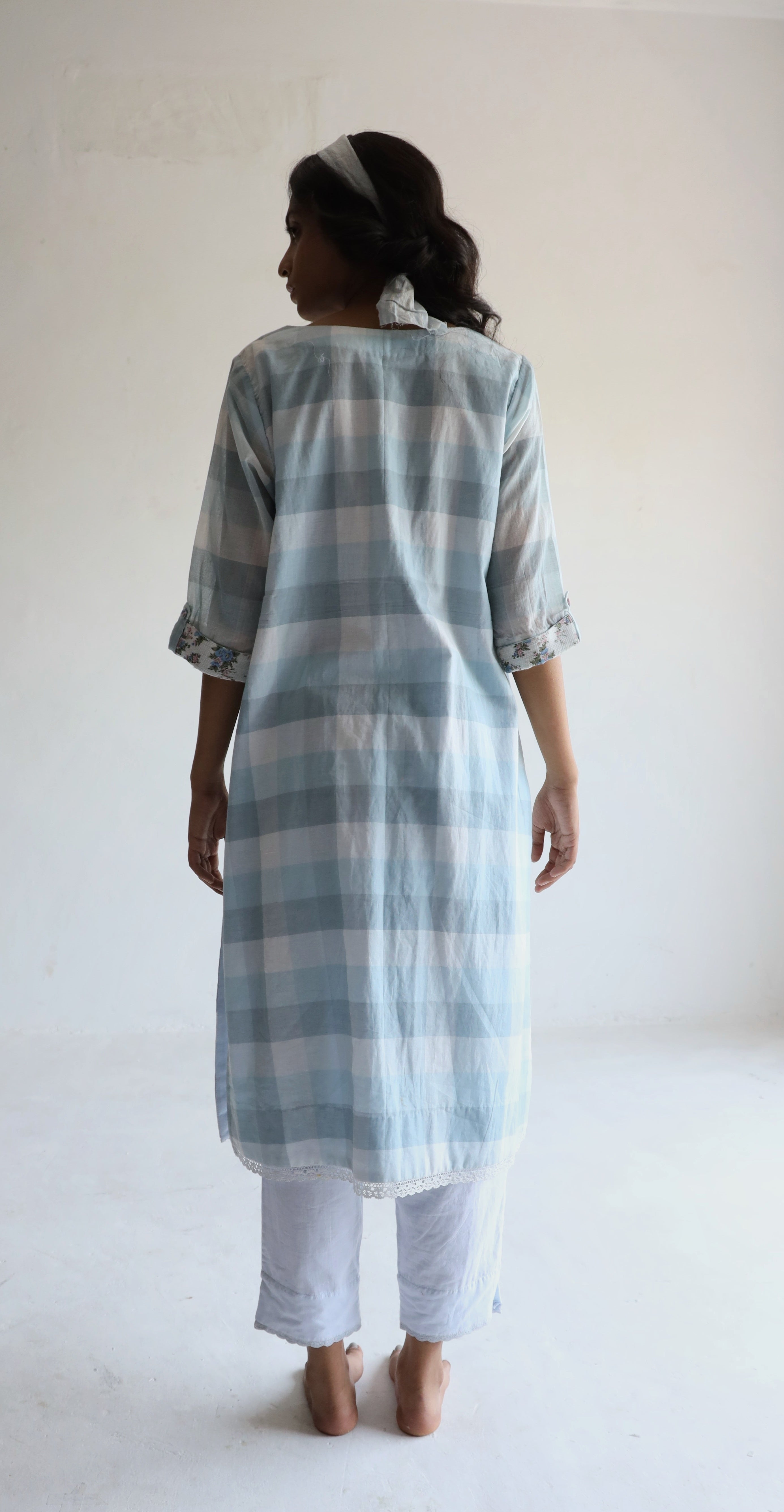 HK Kurta in Blue Jamdani Lungi Checks with Pants
