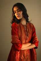 Maxi Kurta In Deep Rust Red Handloom Tissue With Pant