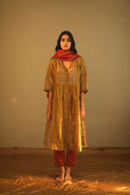Shama Jacket In Antique Gold Handloom Tissue With Red Chanderi Pant
