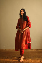 Maxi Kurta In Deep Rust Red Handloom Tissue With Pant