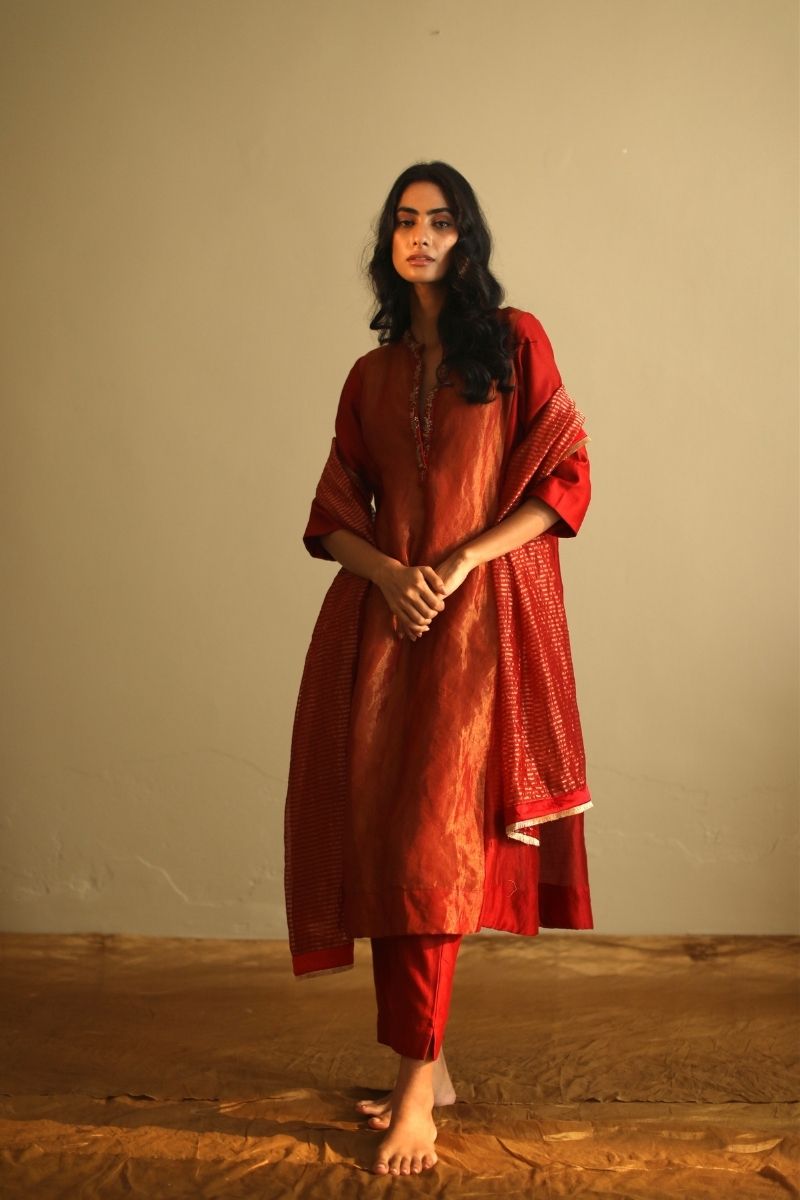 Maxi Kurta In Deep Rust Red Handloom Tissue With Pant