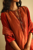 Maxi Kurta In Deep Rust Red Handloom Tissue With Pant