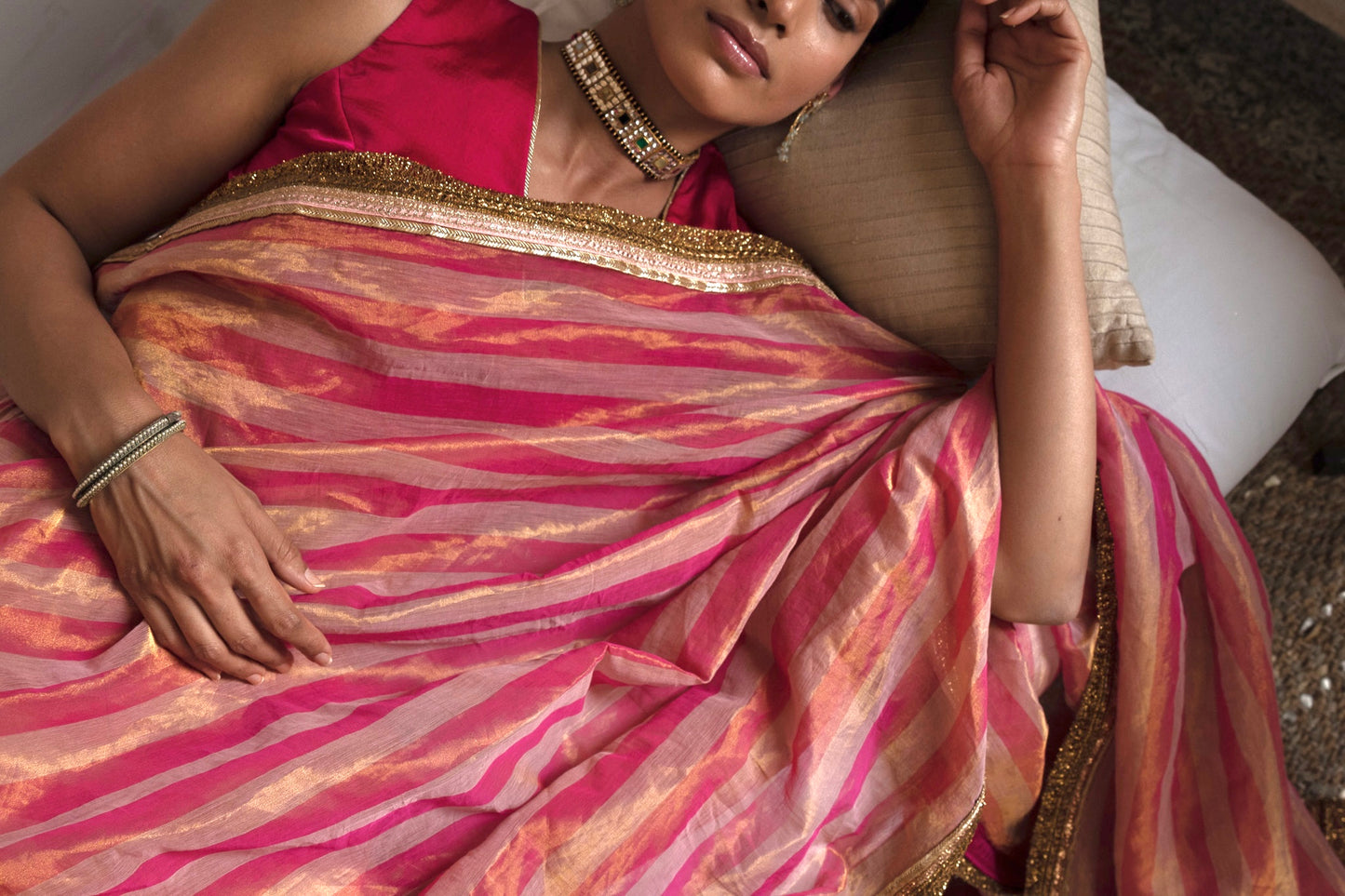 Saree in Pink/gold Handloom Tissue stripes