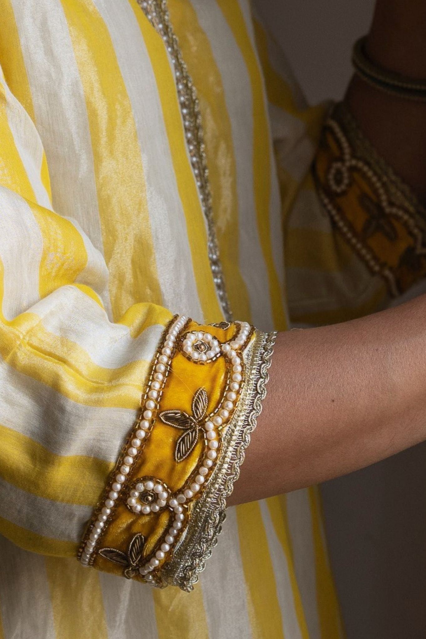 Saifi Kurta in Yellow-White Tissue stripes with salwar