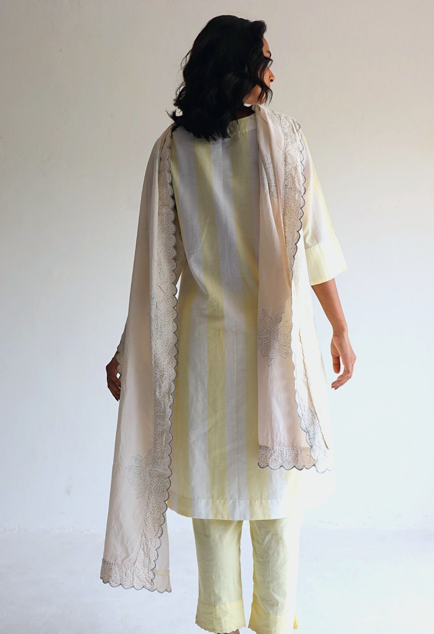 Saifi Kurta in Kesar Yellow Jamdani stripes with Pants