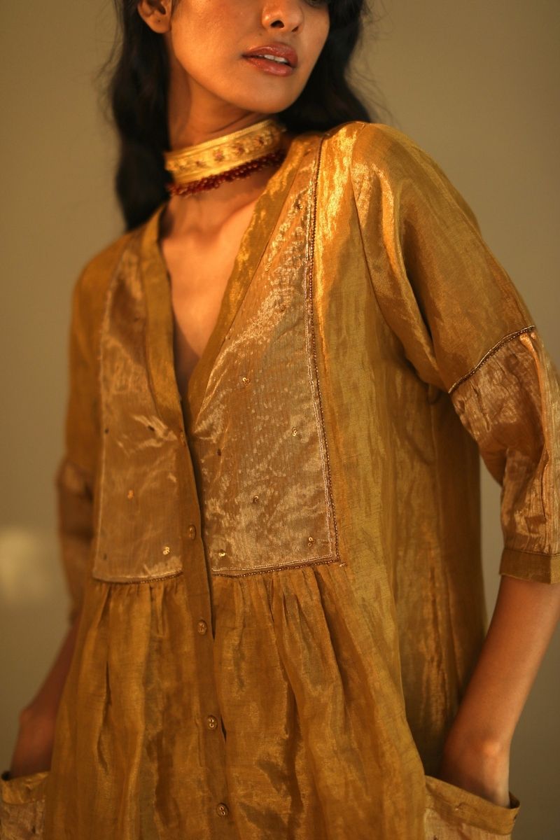 Shama Jacket In Antique Gold Handloom Tissue With Red Chanderi Pant